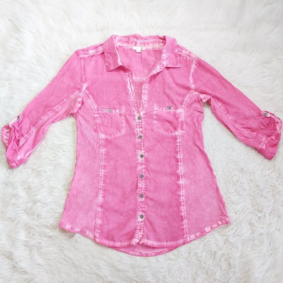 G by Guess Women's Pink Thai Dyed Long Roll Tab Sleeves Button Down Blouse Sz XL - Picture 2 of 8